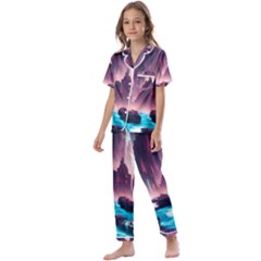 Urban City Cyberpunk River Cyber Tech Future Kids  Satin Short Sleeve Pajamas Set by Uceng