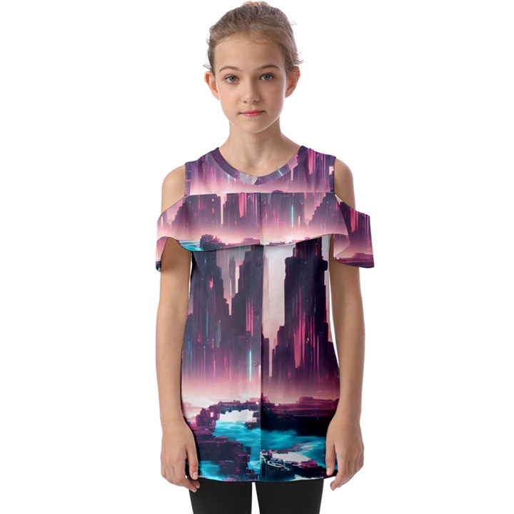 Urban City Cyberpunk River Cyber Tech Future Fold Over Open Sleeve Top