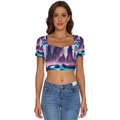 Urban City Cyberpunk River Cyber Tech Future Short Sleeve Square Neckline Crop Top 