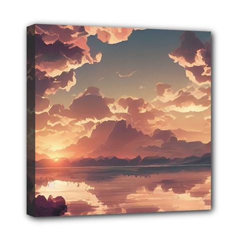 Sunset River Sky Clouds Nature Nostalgic Mountain Mini Canvas 8  X 8  (stretched) by Uceng