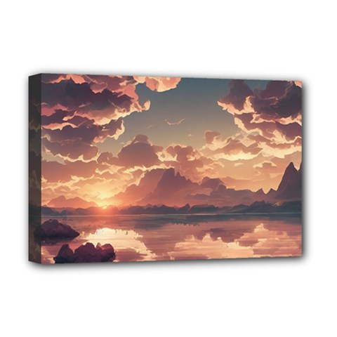 Sunset River Sky Clouds Nature Nostalgic Mountain Deluxe Canvas 18  X 12  (stretched) by Uceng