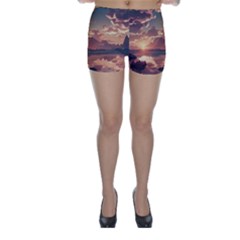 Sunset River Sky Clouds Nature Nostalgic Mountain Skinny Shorts by Uceng