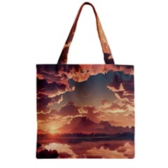 Sunset River Sky Clouds Nature Nostalgic Mountain Zipper Grocery Tote Bag by Uceng