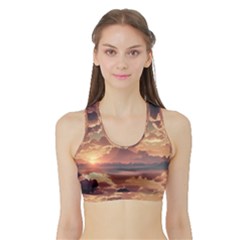 Sunset River Sky Clouds Nature Nostalgic Mountain Sports Bra With Border