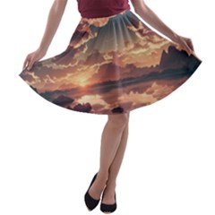 Sunset River Sky Clouds Nature Nostalgic Mountain A-line Skater Skirt by Uceng