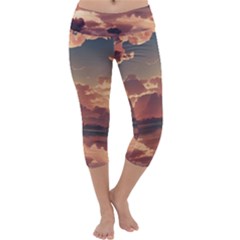 Sunset River Sky Clouds Nature Nostalgic Mountain Capri Yoga Leggings by Uceng