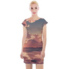 Sunset River Sky Clouds Nature Nostalgic Mountain Cap Sleeve Bodycon Dress by Uceng