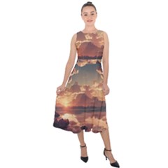 Sunset River Sky Clouds Nature Nostalgic Mountain Midi Tie-back Chiffon Dress