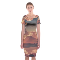 Sunset River Sky Clouds Nature Nostalgic Mountain Classic Short Sleeve Midi Dress by Uceng