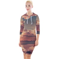 Sunset River Sky Clouds Nature Nostalgic Mountain Quarter Sleeve Hood Bodycon Dress by Uceng