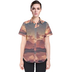 Sunset River Sky Clouds Nature Nostalgic Mountain Women s Short Sleeve Shirt