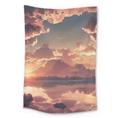 Sunset River Sky Clouds Nature Nostalgic Mountain Large Tapestry by Uceng