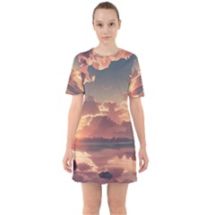 Sunset River Sky Clouds Nature Nostalgic Mountain Sixties Short Sleeve Mini Dress