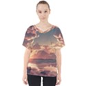 Sunset River Sky Clouds Nature Nostalgic Mountain V-Neck Dolman Drape Top View1