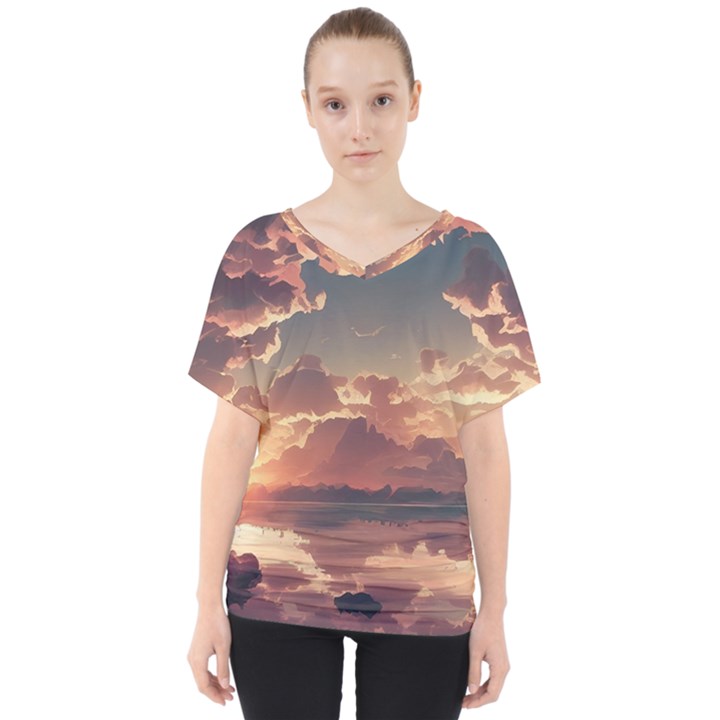 Sunset River Sky Clouds Nature Nostalgic Mountain V-Neck Dolman Drape Top