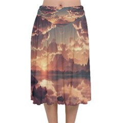 Sunset River Sky Clouds Nature Nostalgic Mountain Velvet Flared Midi Skirt by Uceng