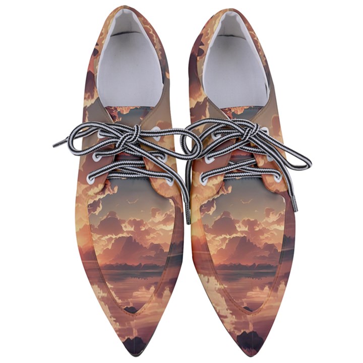 Sunset River Sky Clouds Nature Nostalgic Mountain Pointed Oxford Shoes