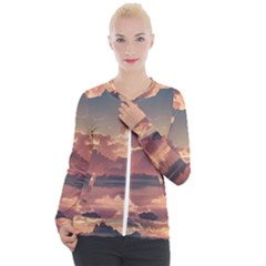 Sunset River Sky Clouds Nature Nostalgic Mountain Casual Zip Up Jacket by Uceng