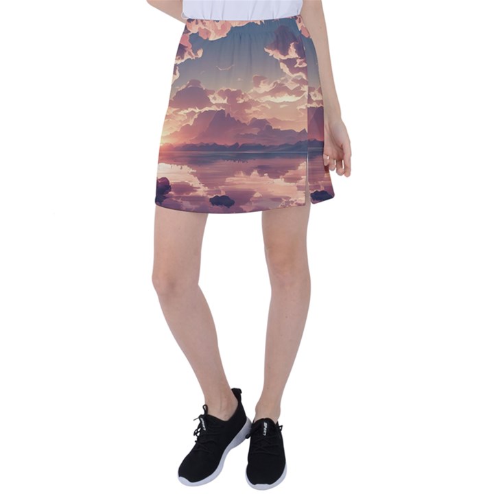 Sunset River Sky Clouds Nature Nostalgic Mountain Tennis Skirt