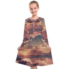 Sunset River Sky Clouds Nature Nostalgic Mountain Kids  Midi Sailor Dress by Uceng