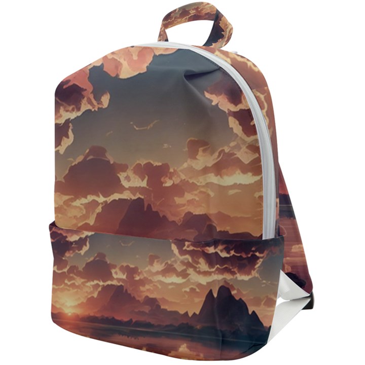 Sunset River Sky Clouds Nature Nostalgic Mountain Zip Up Backpack