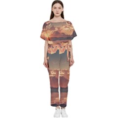 Sunset River Sky Clouds Nature Nostalgic Mountain Batwing Lightweight Chiffon Jumpsuit by Uceng