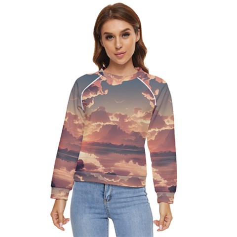 Sunset River Sky Clouds Nature Nostalgic Mountain Women s Long Sleeve Raglan Tee by Uceng