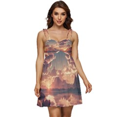 Sunset River Sky Clouds Nature Nostalgic Mountain Ruffle Strap Babydoll Chiffon Dress