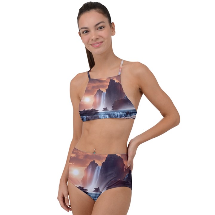 Water Waterfall Nature River Lake Planet Fantasy High Waist Tankini Set