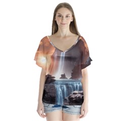 Water Waterfall Nature River Lake Planet Fantasy V-neck Flutter Sleeve Top by Uceng