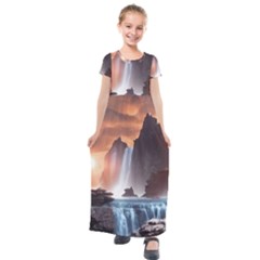 Water Waterfall Nature River Lake Planet Fantasy Kids  Short Sleeve Maxi Dress by Uceng