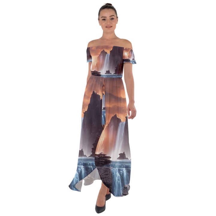 Water Waterfall Nature River Lake Planet Fantasy Off Shoulder Open Front Chiffon Dress