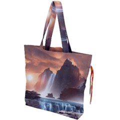 Water Waterfall Nature River Lake Planet Fantasy Drawstring Tote Bag by Uceng