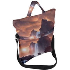 Water Waterfall Nature River Lake Planet Fantasy Fold Over Handle Tote Bag by Uceng