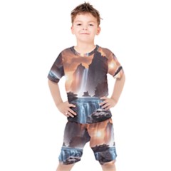 Water Waterfall Nature River Lake Planet Fantasy Kids  Tee And Shorts Set by Uceng