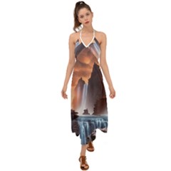 Water Waterfall Nature River Lake Planet Fantasy Halter Tie Back Dress  by Uceng