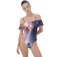 Water Waterfall Nature River Lake Planet Fantasy Frill Detail One Piece Swimsuit by Uceng