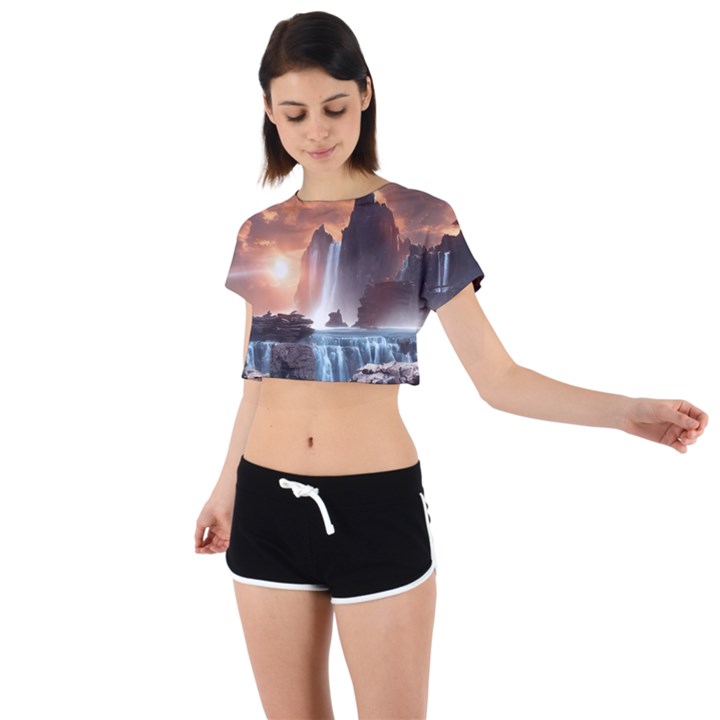 Water Waterfall Nature River Lake Planet Fantasy Tie Back Short Sleeve Crop Tee