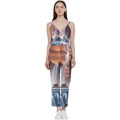 Water Waterfall Nature River Lake Planet Fantasy V-neck Spaghetti Strap Tie Front Jumpsuit by Uceng