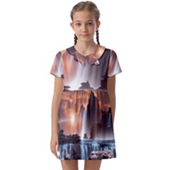 Water Waterfall Nature River Lake Planet Fantasy Kids  Asymmetric Collar Dress by Uceng