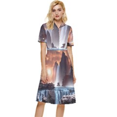 Water Waterfall Nature River Lake Planet Fantasy Button Top Knee Length Dress by Uceng