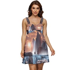 Water Waterfall Nature River Lake Planet Fantasy Ruffle Strap Babydoll Chiffon Dress