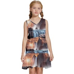 Water Waterfall Nature River Lake Planet Fantasy Kids  Sleeveless Tiered Mini Dress by Uceng