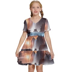 Water Waterfall Nature River Lake Planet Fantasy Kids  Short Sleeve Tiered Mini Dress by Uceng