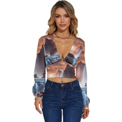 Water Waterfall Nature River Lake Planet Fantasy Long Sleeve Deep-v Velour Top