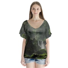 Waterfall River Fantasy Dream Planet Matte V-neck Flutter Sleeve Top by Uceng