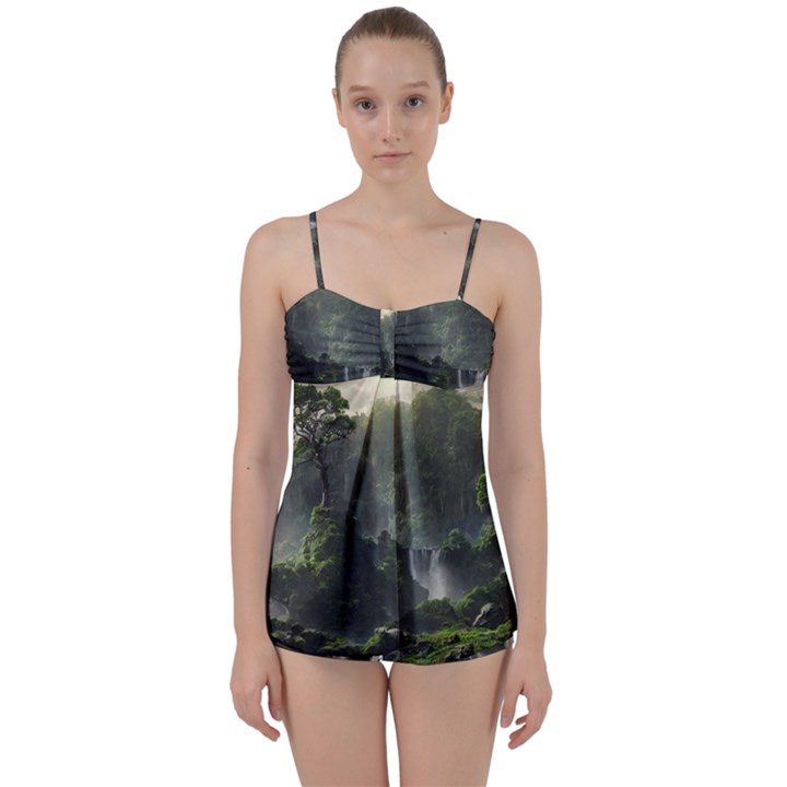 Waterfall River Fantasy Dream Planet Matte Babydoll Tankini Set