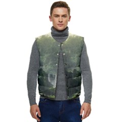 Waterfall River Fantasy Dream Planet Matte Men s Short Button Up Puffer Vest	 by Uceng