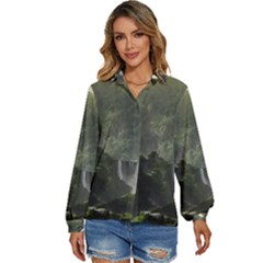 Waterfall River Fantasy Dream Planet Matte Women s Long Sleeve Button Down Shirt