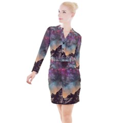 Mountain Space Galaxy Stars Universe Astronomy Button Long Sleeve Dress by Uceng